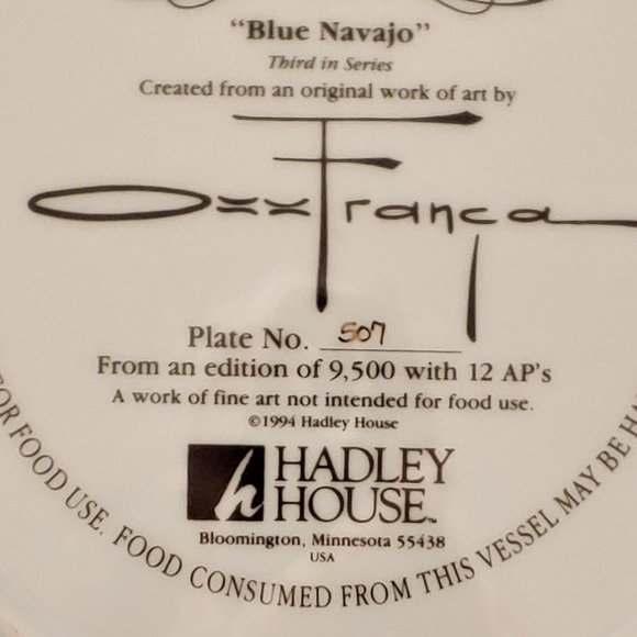 Tranquility Blue Navajo Ozz Franca Collectors Plate [507] Third in series - Picture 2 of 3